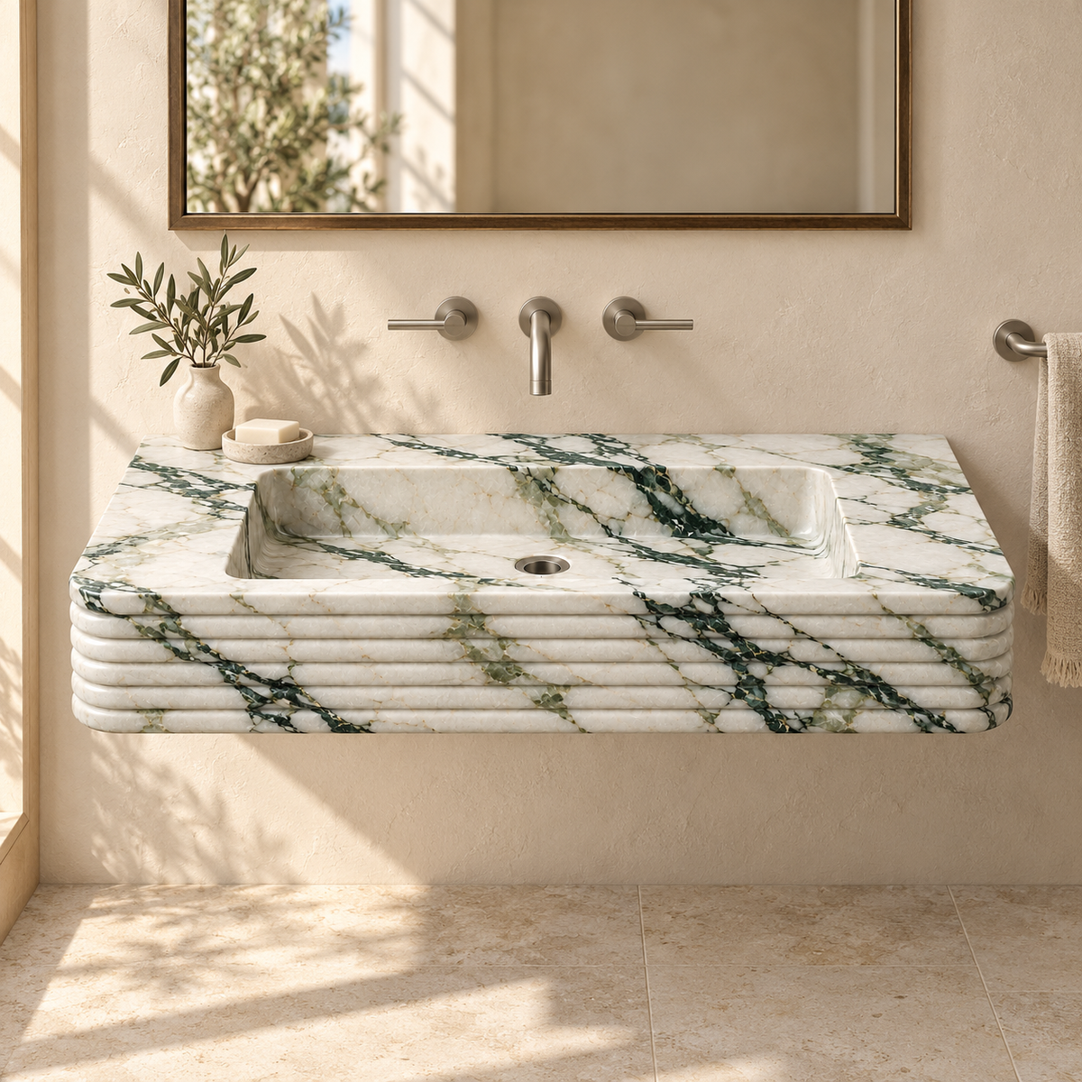 Ribbon Calacatta Green Horizontal-Ribbed Floating Marble Sink, styled bathroom view, design rendering