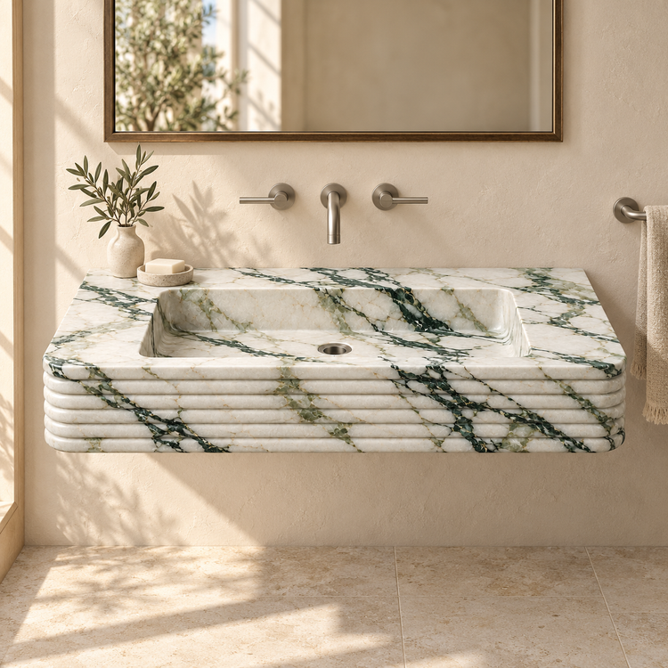Ribbon Calacatta Green Horizontal-Ribbed Floating Marble Sink, styled bathroom view, design rendering