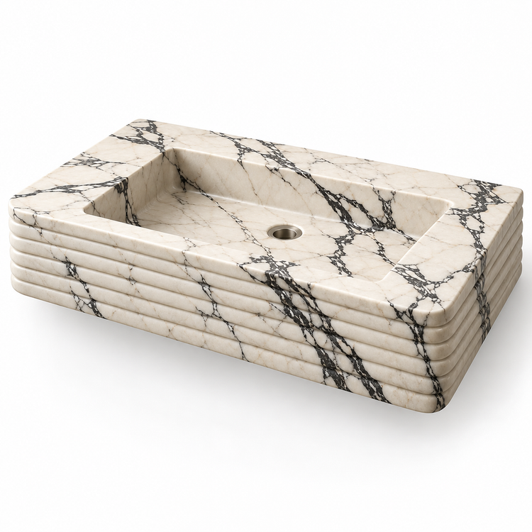 Ribbon Calacatta Viola Horizontal-Ribbed Floating Marble Sink, three-quarter view on white, design rendering