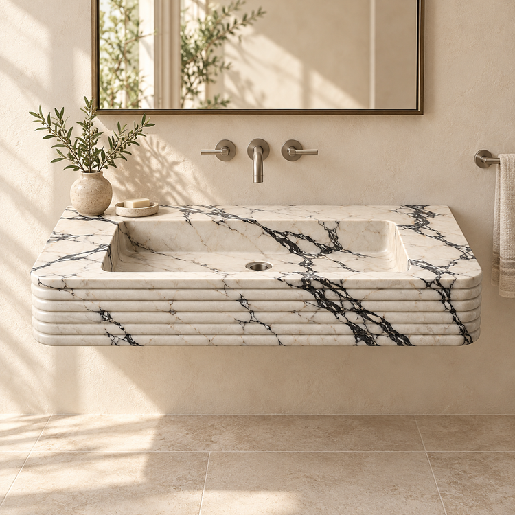 Ribbon Calacatta Viola Horizontal-Ribbed Floating Marble Sink, styled bathroom view, design rendering