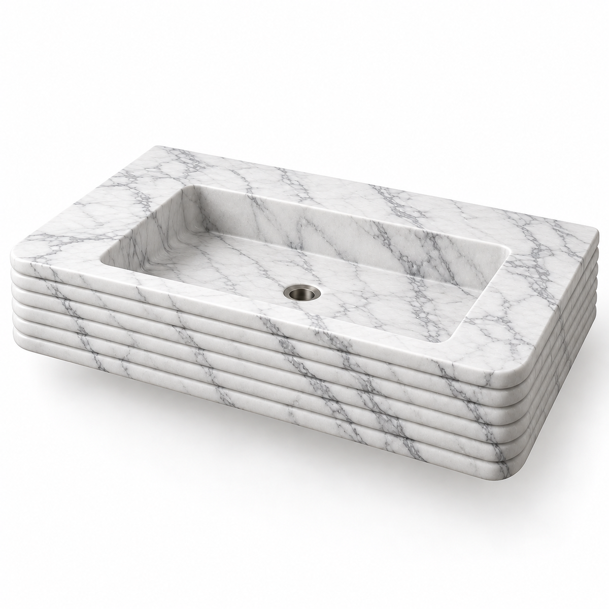 Ribbon Carrara Horizontal-Ribbed Floating Marble Sink, three-quarter view on white, design rendering