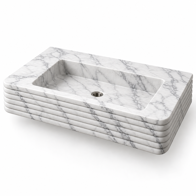 Ribbon Carrara Horizontal-Ribbed Floating Marble Sink, three-quarter view on white, design rendering