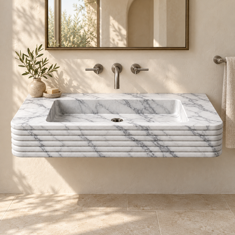 Ribbon Carrara Horizontal-Ribbed Floating Marble Sink, styled bathroom view, design rendering