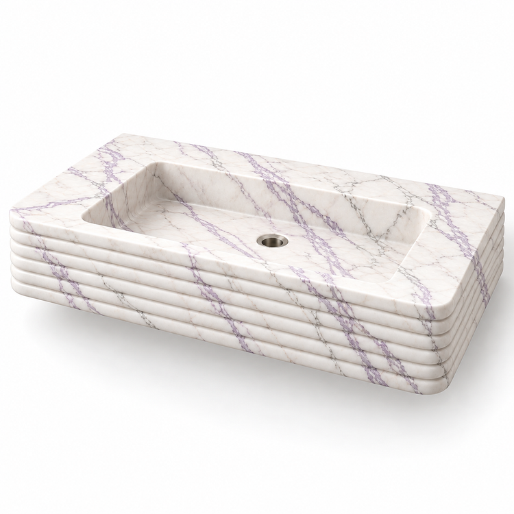 Ribbon Lilac Horizontal-Ribbed Floating Marble Sink, three-quarter view on white, design rendering