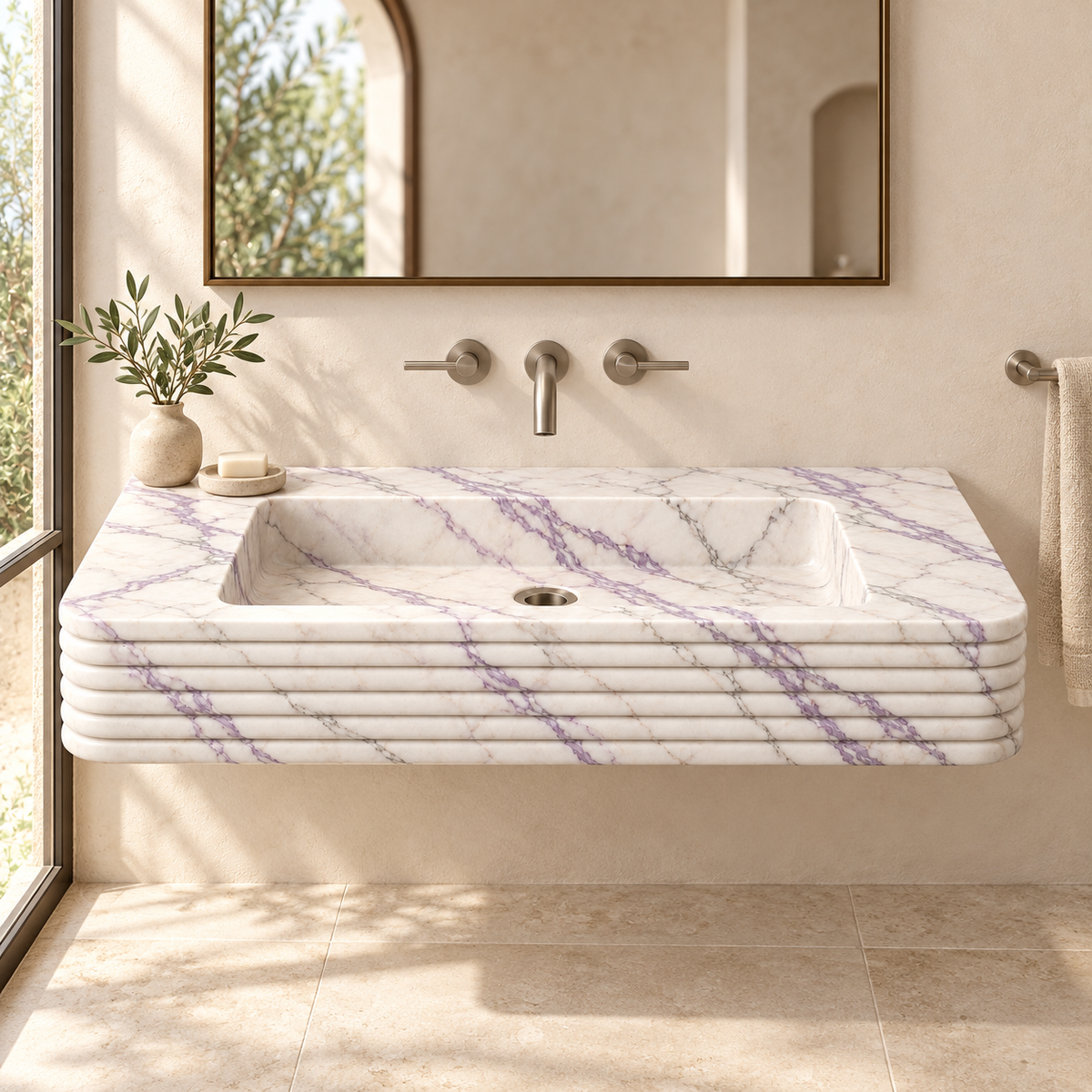 Ribbon Lilac Horizontal-Ribbed Floating Marble Sink, styled bathroom view, design rendering
