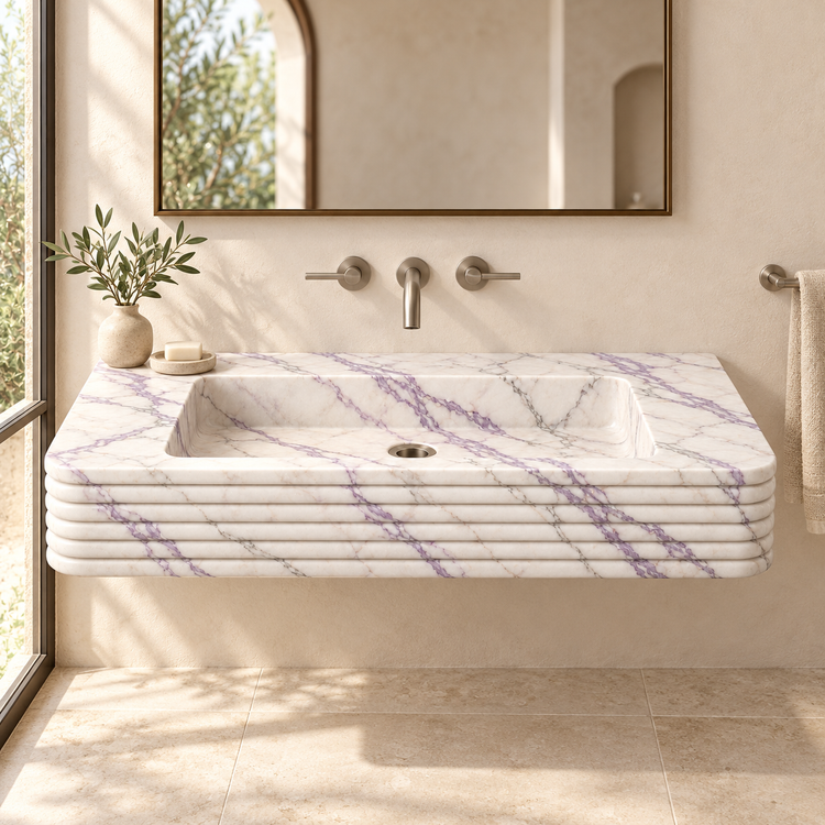 Ribbon Lilac Horizontal-Ribbed Floating Marble Sink, styled bathroom view, design rendering