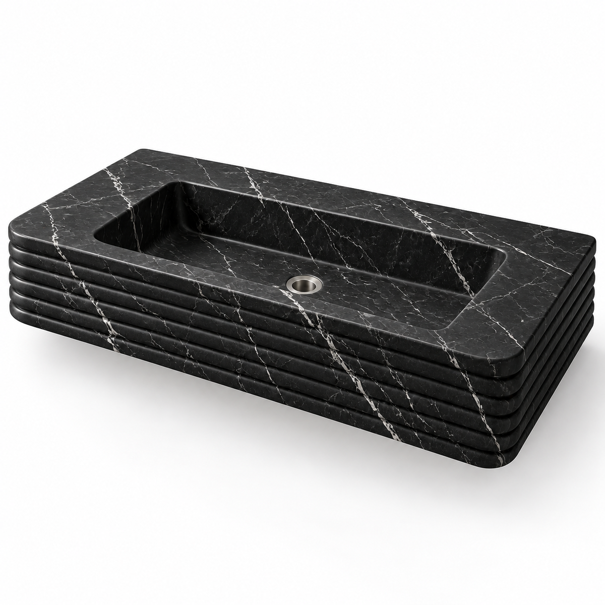 Ribbon Nero Marquina Horizontal-Ribbed Floating Marble Sink, three-quarter view on white, design rendering