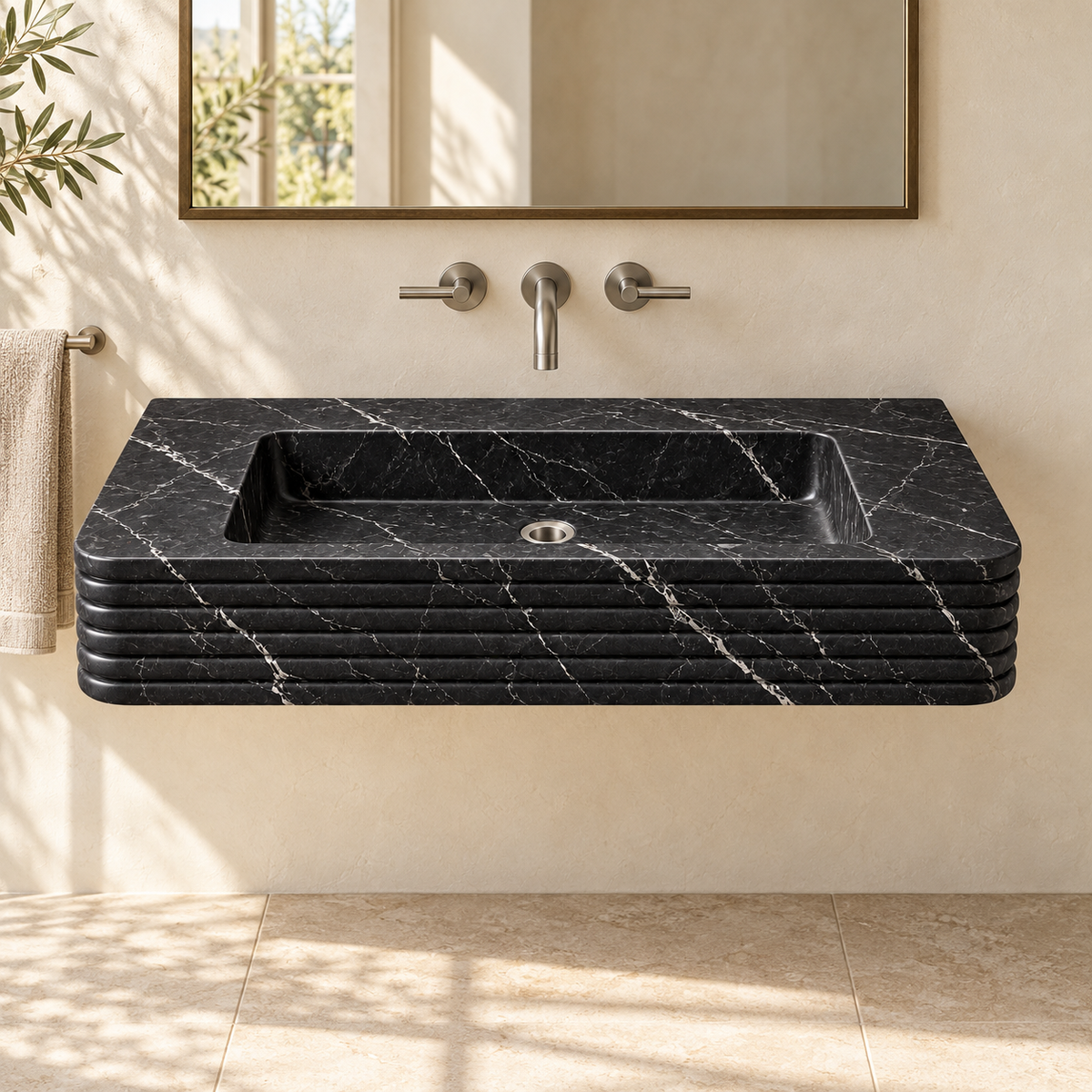 Ribbon Nero Marquina Horizontal-Ribbed Floating Marble Sink, styled bathroom view, design rendering