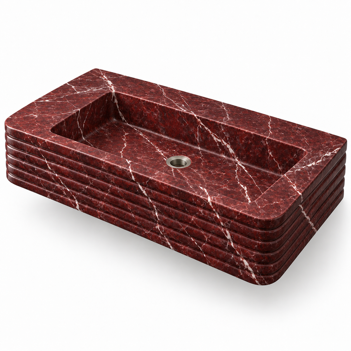Ribbon Rosso Levanto Horizontal-Ribbed Floating Marble Sink, three-quarter view on white, design rendering