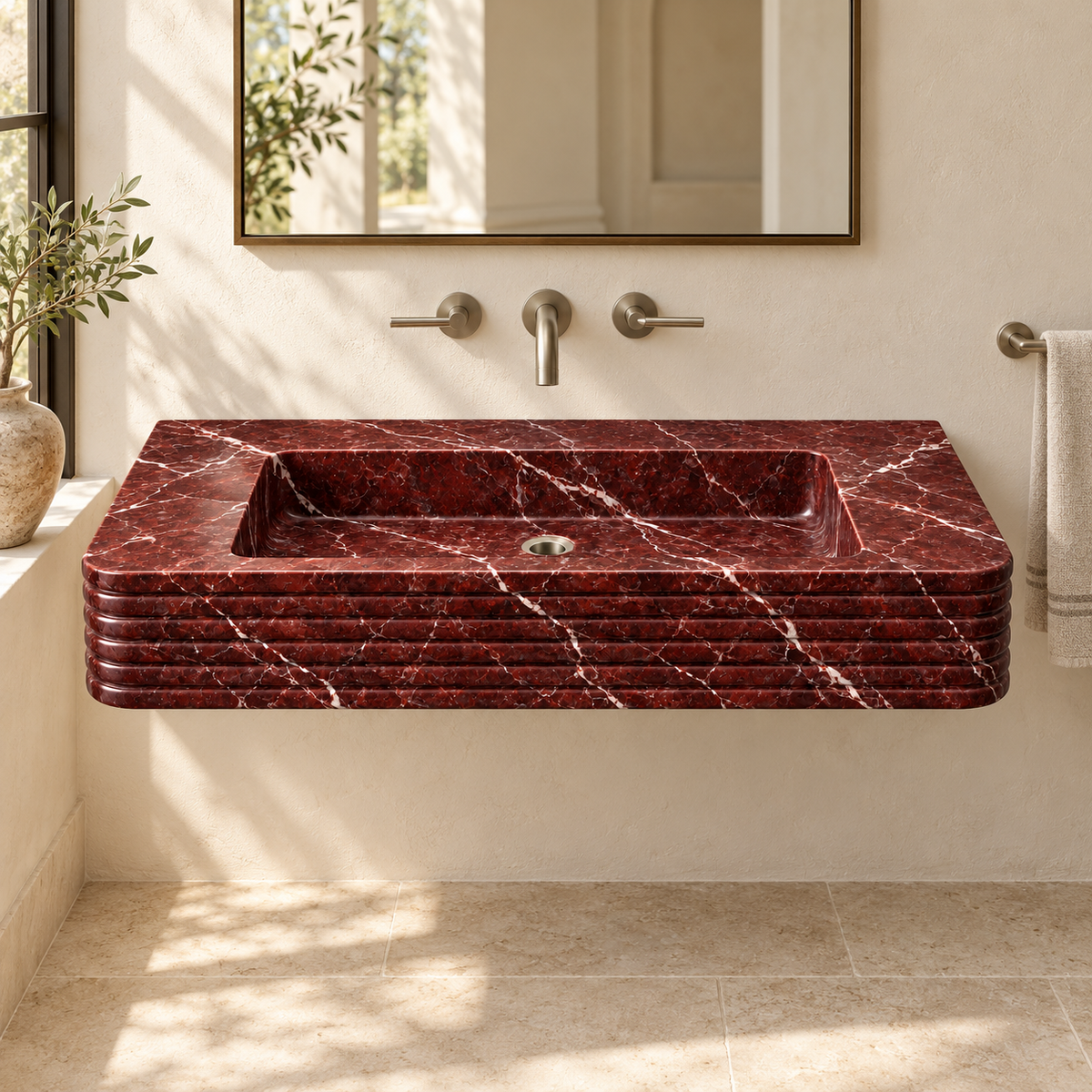Ribbon Rosso Levanto Horizontal-Ribbed Floating Marble Sink, styled bathroom view, design rendering
