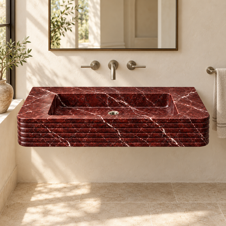 Ribbon Rosso Levanto Horizontal-Ribbed Floating Marble Sink, styled bathroom view, design rendering