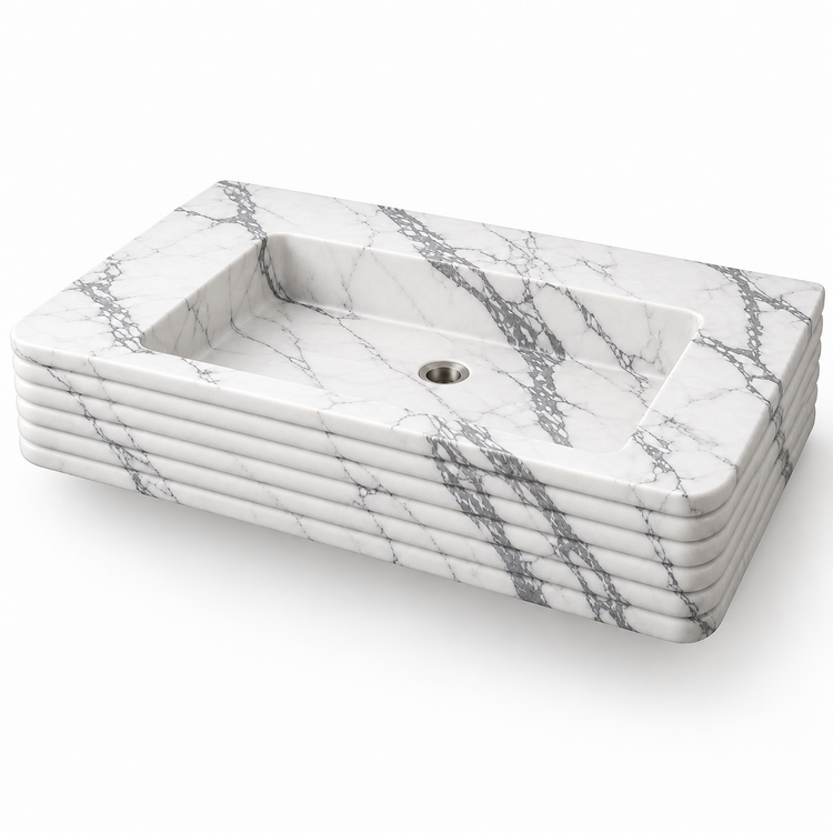 Ribbon Statuario Horizontal-Ribbed Floating Marble Sink, three-quarter view on white, design rendering