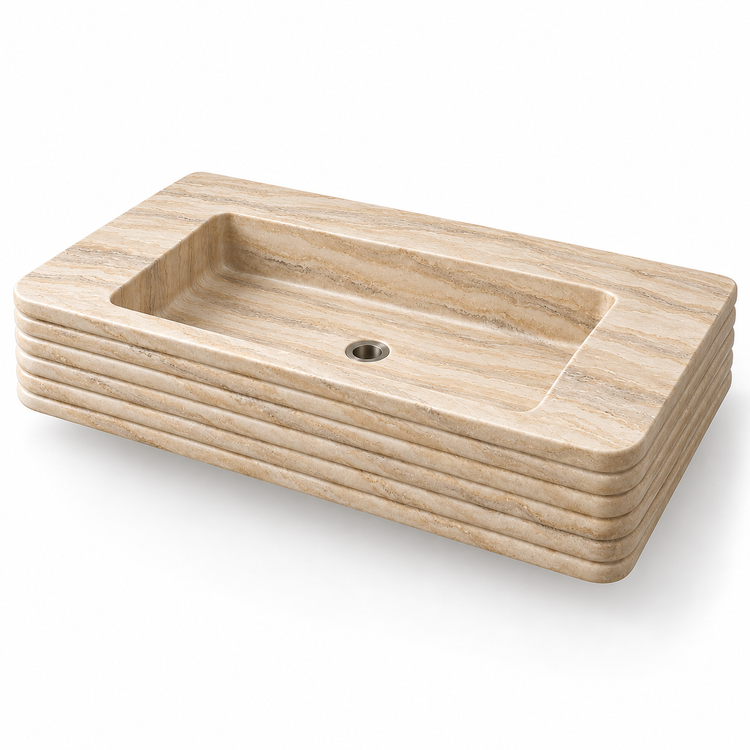 Ribbon Travertine Horizontal-Ribbed Floating Stone Sink, three-quarter view on white, design rendering