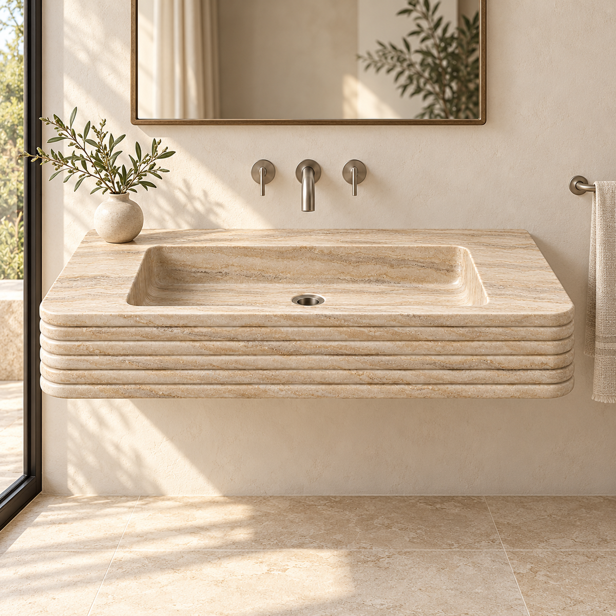 Ribbon Travertine Horizontal-Ribbed Floating Stone Sink, styled bathroom view, design rendering