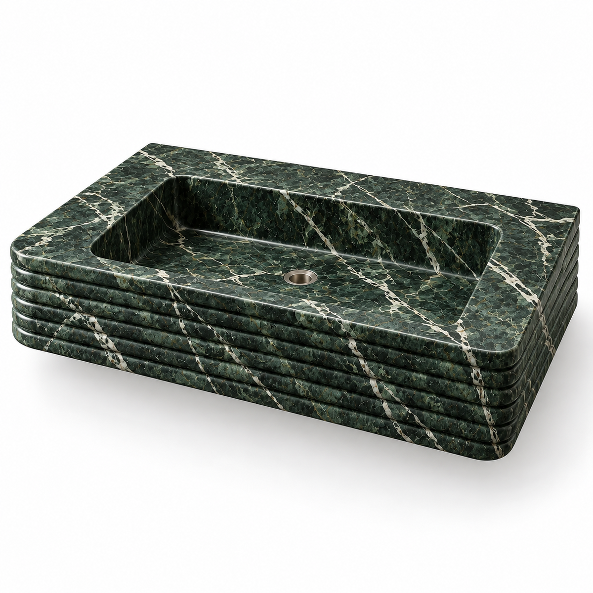 Ribbon Verde Alpi Horizontal-Ribbed Floating Marble Sink, three-quarter view on white, design rendering