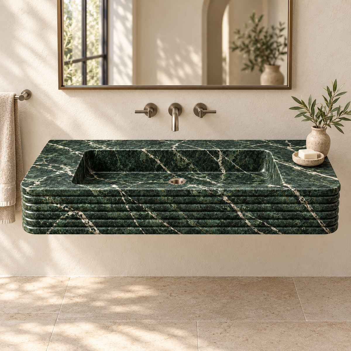 Ribbon Verde Alpi Horizontal-Ribbed Floating Marble Sink, styled bathroom view, design rendering