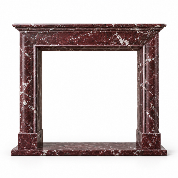 Rosso Levanto Classic Shelf Bolection Marble Fireplace Mantel with Hearth on white background