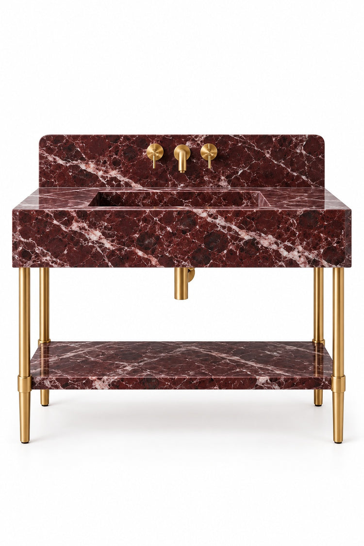 Rosso Levanto marble console bathroom vanity with straight backsplash, matching marble shelf and brass finish legs, white background digital design visualization