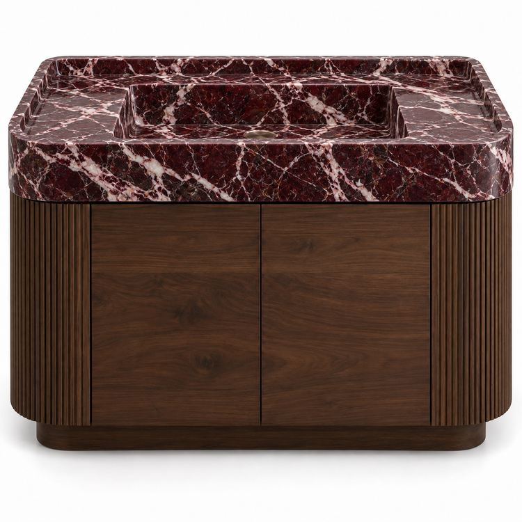 Rosso Levanto integrated sink with curved dark walnut vanity and fluted sides, front view