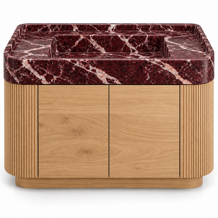 Rosso Levanto integrated sink with curved natural oak vanity and fluted sides, front view