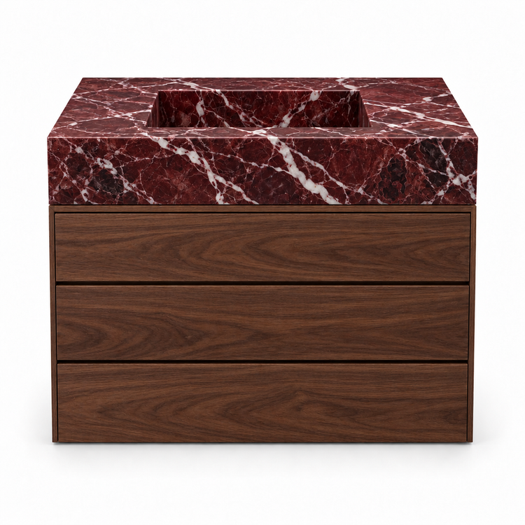 Rosso Levanto integrated stone sink with dark walnut three-drawer vanity, front view