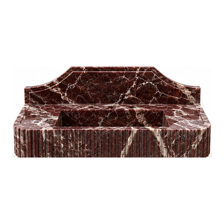 Rosso Levanto fluted marble sink with sculpted arched backsplash and integrated basin on white background, design visualization