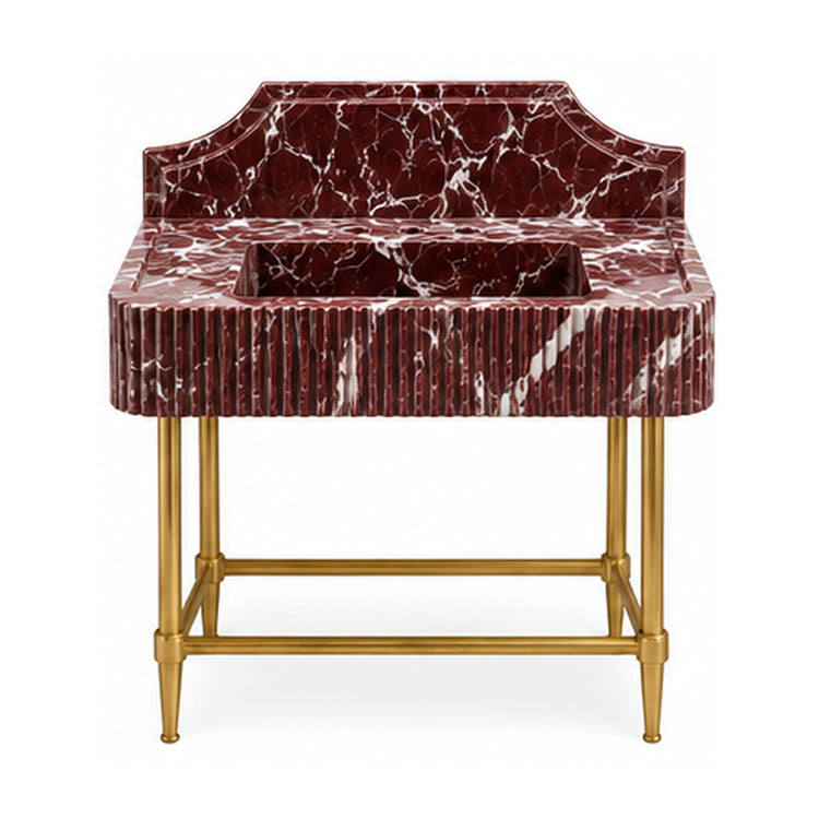 Rosso Levanto fluted marble console sink with curved backsplash and brass legs, white background digital design visualization
