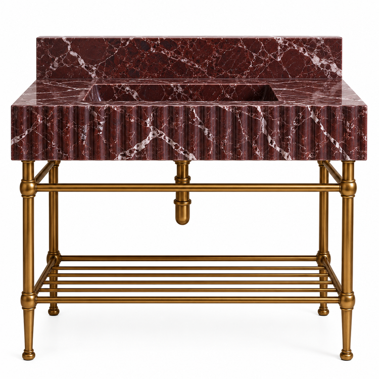 Rosso Levanto fluted console sink, backsplash and brass rack shelf, front view