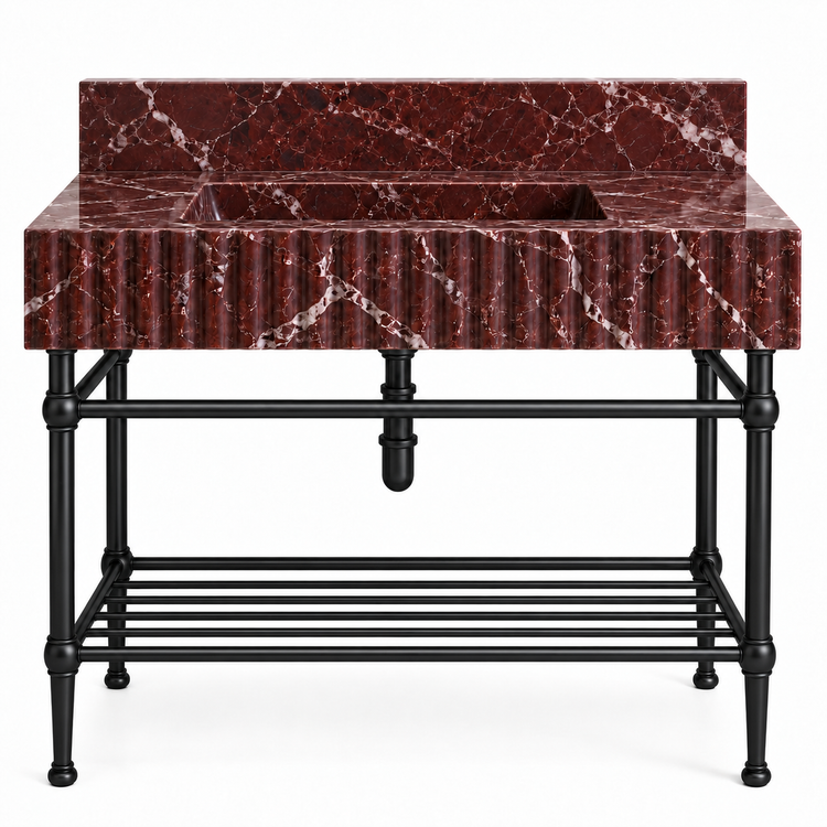 Rosso Levanto fluted sink with matte black console legs and lower shelf, front view