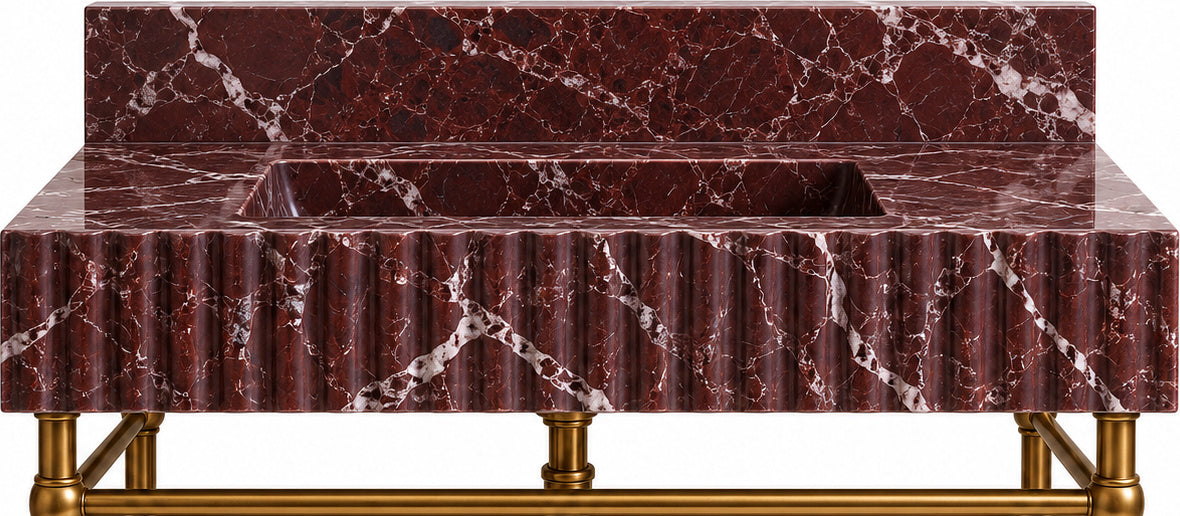 Rosso Levanto Marble Fluted Console Sink with Backsplash and Metal Legs and Rack Shelf - basin and stone apron detail