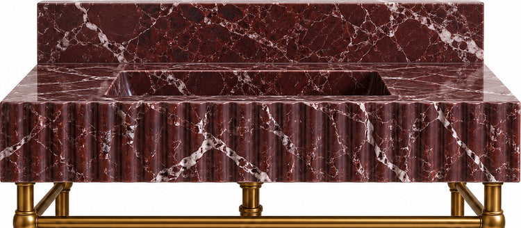 Rosso Levanto Marble Fluted Console Sink with Backsplash and Metal Legs and Rack Shelf - basin and stone apron detail