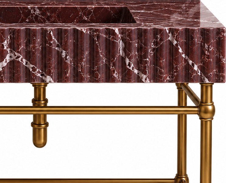 Rosso Levanto Marble Fluted Console Sink with Backsplash and Metal Legs and Rack Shelf - stone texture and metal support detail