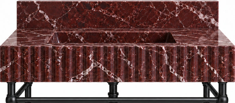 Rosso Levanto Marble Fluted Console Sink with Backsplash and Matte Black Legs - basin and stone apron detail