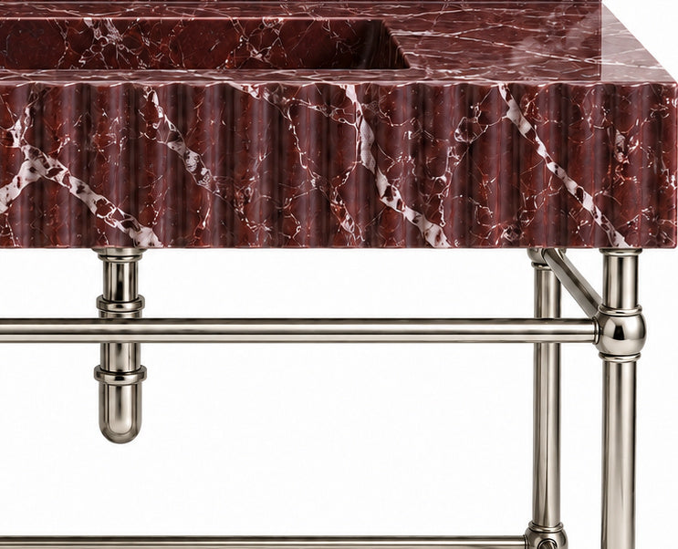 Rosso Levanto Marble Fluted Console Sink with Backsplash and Nickel Legs - stone texture and metal support detail