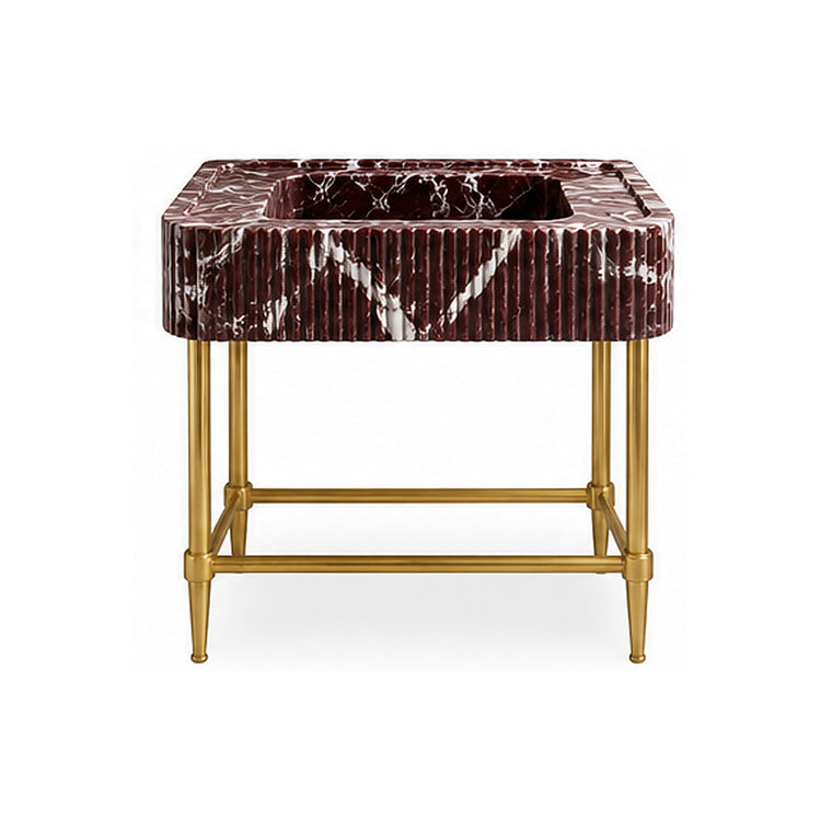 Rosso Levanto fluted integrated marble sink vanity with brass finish metal console legs on a white background, design visualization