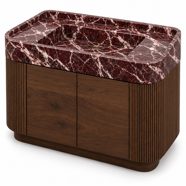 Rosso Levanto Integrated Marble Sink with Curved Dark Walnut Vanity, alternate angle on white, design rendering