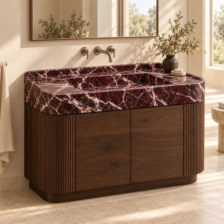 Rosso Levanto Integrated Marble Sink with Curved Dark Walnut Vanity, styled bathroom view, design rendering