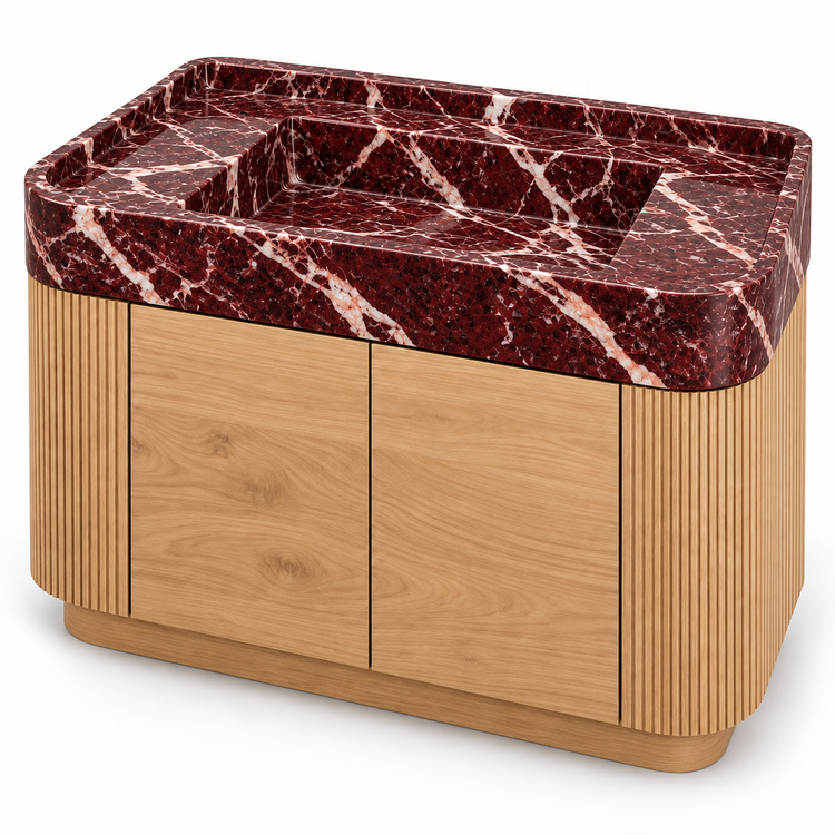 Rosso Levanto Integrated Marble Sink with Curved Oak Vanity, three-quarter view on white, design rendering