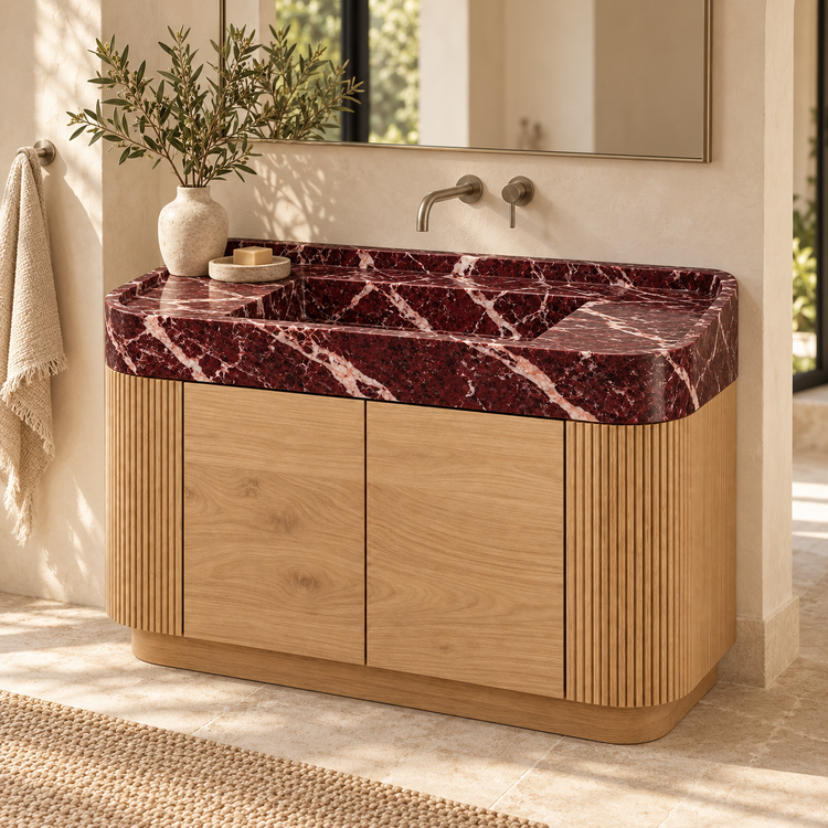 Rosso Levanto Integrated Marble Sink with Curved Oak Vanity, styled bathroom view, design rendering