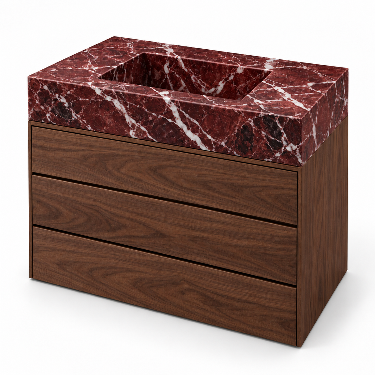 Rosso Levanto Integrated Marble Sink with Three-Drawer Dark Walnut Vanity, three-quarter view on white, design rendering