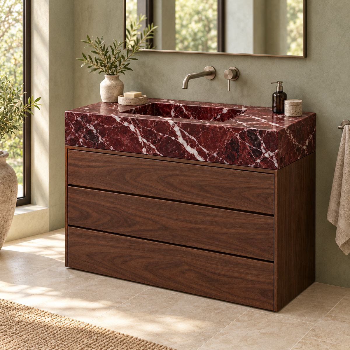 Rosso Levanto Integrated Marble Sink with Three-Drawer Dark Walnut Vanity, styled bathroom with complementary wall color, design rendering