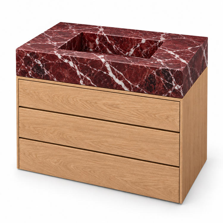 Rosso Levanto Integrated Marble Sink with Three-Drawer Oak Vanity, three-quarter view on white, design rendering