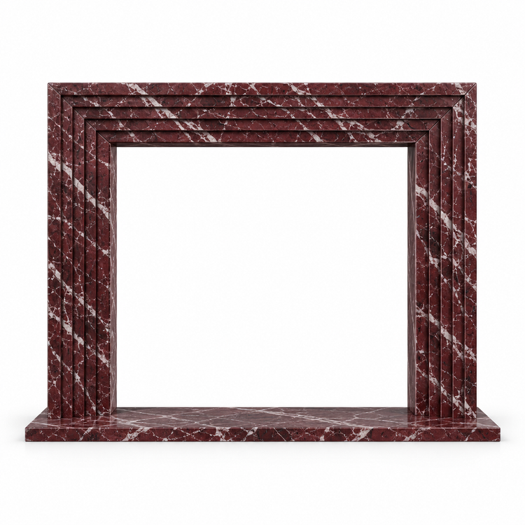 Rosso Levanto Linear Stepped Marble Fireplace Surround with Hearth on white background