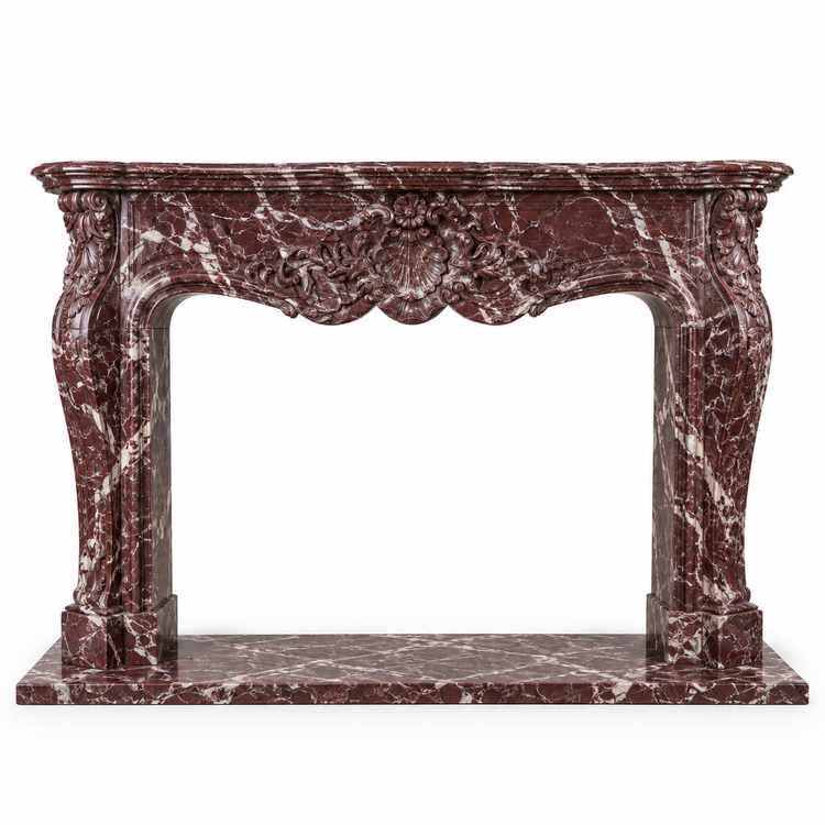 Rosso Levanto Louis XV Carved Marble Fireplace Mantel with Hearth on white background