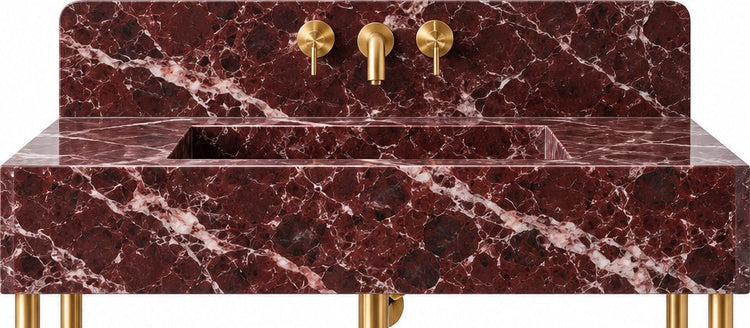 Rosso Levanto Marble Console Vanity with Brass Legs, Shelf & Backsplash - basin and stone apron detail