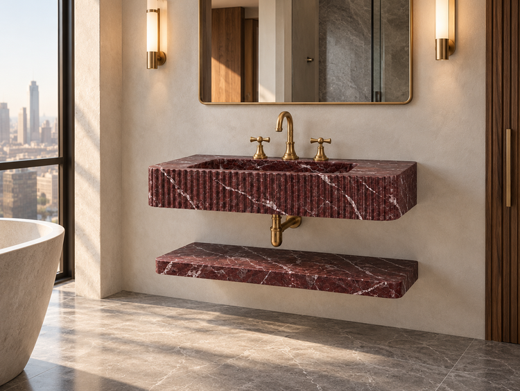 Rosso Levanto Marble Floating Sink with Shelf, installed room view (design rendering)