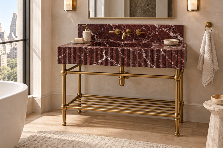 Rosso Levanto Marble Fluted Console Sink with Backsplash and Metal Legs and Rack Shelf, installed room hero, lifestyle design rendering