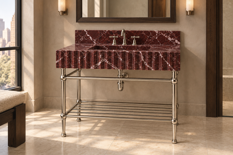 Rosso Levanto Marble Fluted Console Sink with Backsplash and Nickel Legs, installed room hero, lifestyle design rendering