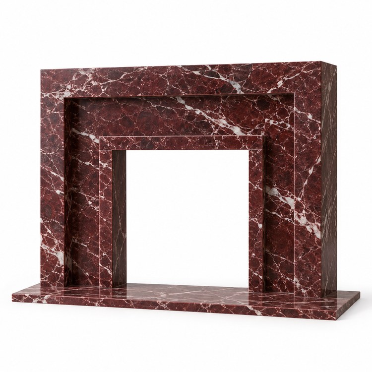 Rosso Levanto Stepped Portal Marble Fireplace Surround with Hearth on white background