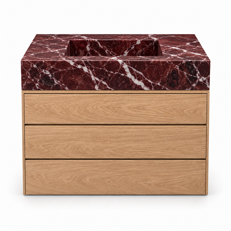 Rosso Levanto integrated sink and oak three-drawer vanity, front view